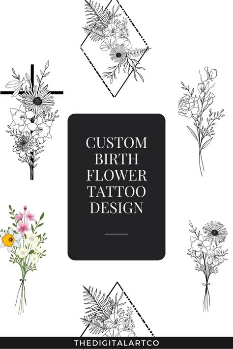 Choose the birth month flower from our list and get yourself a custom tattoo with your family flowers in it. Birth flower Flower names with months: January- Carnation/ Snowdrop  February- Violet/ Iris March- Daffodil/ Sakura Cherry Blossom  April- Daisy / Sweer Pea May - Lily of the valley/ Hawthrone June- Rose/ HoneySuckle July - water Lily/ Laskpur August - Poppy/ Gladiolus  September- Morning glory / Aster October - Cosmos/ Marigold November- Chrysanthemum/ Poeny December- Narcissus / Holly #BirthFlowerTattoo #PersonalizedInk #FloralSymbolism #CustomTattooDesign #BirthdayTattoo #InkYourStory #BotanicalTattoo #UniqueBodyArt #tattooartist #tattoosforwomen #tattoogirls #tattooideas #birthflower #birthmonth #birthdaytattoos March September October Flower Tattoo, Aster And Snowdrop Tattoo, Water Lily And Honeysuckle Tattoo, June And January Flower Tattoo, March And April Flower Tattoo, May June July Flower Tattoo, June And December Birth Flower Tattoo, January And September Flower Tattoo Together, November And September Birth Flower Tattoo