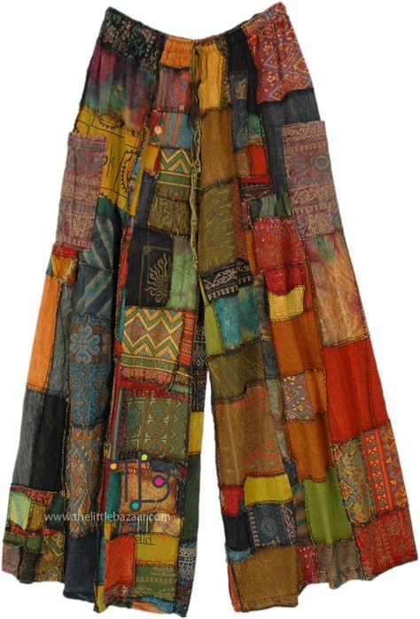 Saffron Streak Patchwork Wide Leg Bohemian Pants in Cotton Patchwork Pants, Bohemian Pants, Earthy Outfits, Estilo Hippie, Hippie Pants, Hippie Look, Hippie Style Clothing, Bohemian Aesthetic, Trendy Skirts