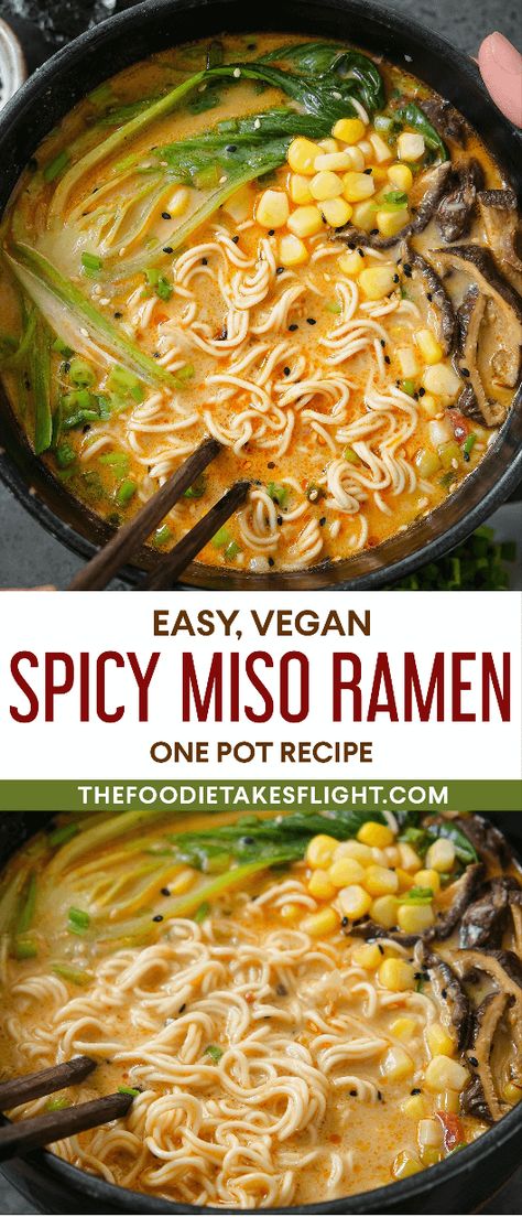 Vegan Dinner Soup, Healthy Miso Ramen, Spicy Veggie Ramen, Veggie Miso Ramen, Miso Ramen Vegetarian, Veggie Ramen Soup, Ramen Miso Recipes, Easy Vegetarian Ramen Recipes, Vegan Spicy Ramen