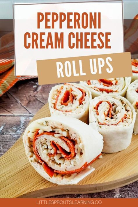 Tortilla Roll Ups Cream Cheese Pepperoni, Pepperoni Cream Cheese Rolls, Pepperoni Roll Ups Tortilla, Pepperoni Cream Cheese, Pepperoni Roll Ups, Pinwheel Appetizers Cream Cheese, Cream Cheese Roll Ups, Potion Recipes, Cheese Roll Ups