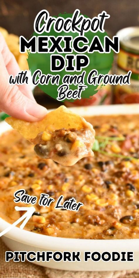 Fiesta Mexican dip is a spicy appetizer that can be baked or cooked in the slow cooker. It's a hearty bean dip with corn, hamburger, and plenty of cheese! This recipe goes great with taco night or any time. Please a crowd or the family, serve with tortillas and chips. Bean Dip With Ground Beef, Hot Mexican Dip, Dip With Corn, Hot Bean Dip, Mexican Bean Dip, Mexican Dip Recipes, Hot Corn Dip, Mexican Dip, Slow Cooker Beans