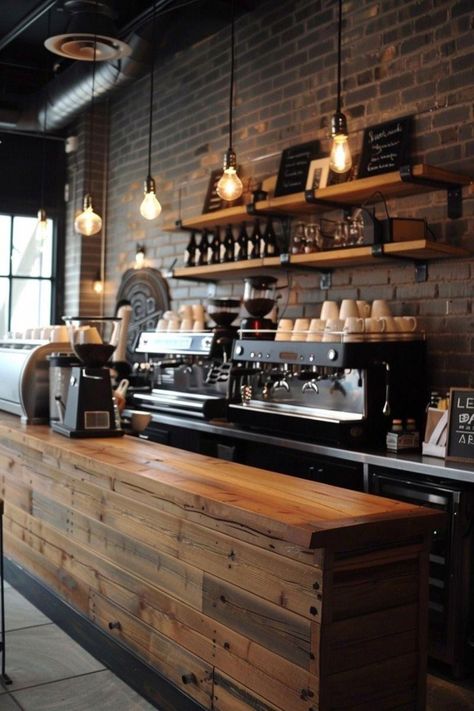 Turn your coffee routine into a daily ritual with these creative coffee bar ideas. #IcedCoffeeInspirations Cafeteria Vintage, Industrial Coffee Shop, Rustic Coffee Shop, Coffee Shop Counter, Coffee Bar Ideas, Kitchen Lighting Ideas, Bakery Design Interior, Coffee Shop Interior Design, Cozy Restaurant