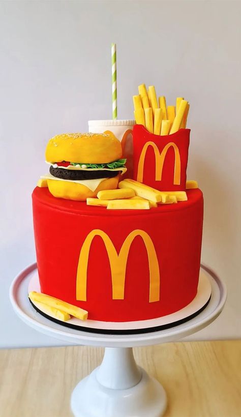 McDonalds cake, mcdonald's cake ideas, mcdonalds birthday cake, mcdonald's birthday cake uk, mcdonald's birthday cake design, mcdonalds inspired birthday cake, mcdonald's birthday cake 80s, McDonalds burger cake, McDonalds theme birthday cake Burger Cake Birthday, Mc Donald Cake, Mcdonalds Cake, 80s Mcdonalds, Mcdonalds Burger, Fluffy Buttercream Frosting, Burger Cake, Edible Flowers Cake, Theme Birthday Cake