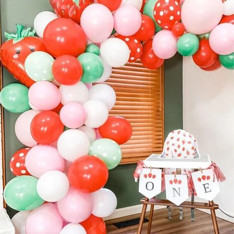 How berry sweet is this garland? We know you will absolutely love soft matte pink, white, red, and green colors mixed with the strawberry foils (which are included) and long green balloons for curls (we'll teach you how!) You must have a manual balloon pump for this one). We know this one will add that perfect touch of whimsy and magic to your event. DIY Strawberry Balloon Garland | Strawberry Balloons INCLUDED | Berry Sweet Birthday | Two Sweet | Balloon Arch Kit | Sweet To Be One Strawberry Balloons, Picnic Brunch, First Birthday Balloons, Green Balloons, Balloon Arch Kit, Strawberry Baby, Love Soft, Strawberry Party, First Birthday Decorations