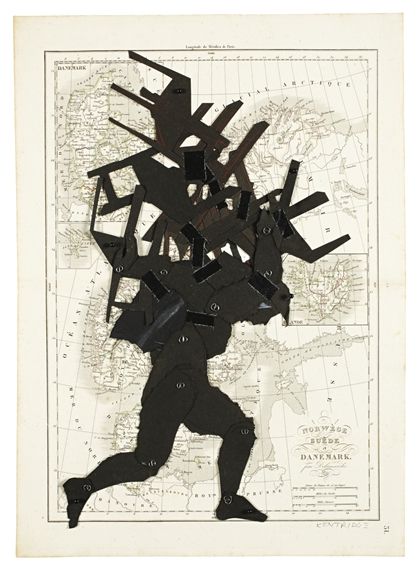 View PUPPET DRAWING (2000) By William Kentridge; colored pencil, adhesive tape, pins and paper collage on printed paper; 18 1/2 by 13 1/4 in. 47 by 33.7 cm; Signed; . Access more artwork lots and estimated & realized auction prices on MutualArt. William Kentridge Art, Puppet Drawing, Collage Architecture, William Kentridge, Collage Drawing, Architecture Collage, Black And White Artwork, Shadow Art, Print Collage