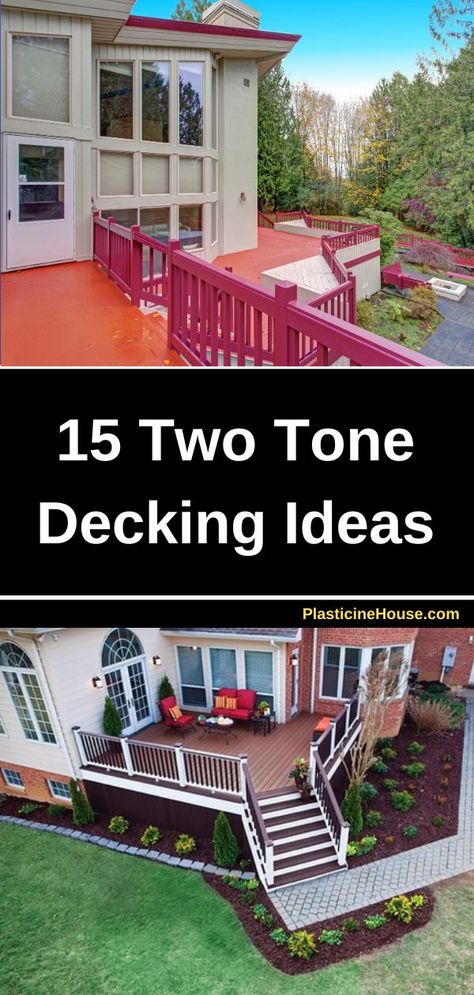 Transform your outdoor space with these stunning two-tone decking ideas! From classic black and white to bold blue and yellow, discover how to create a unique and stylish look for your deck. Get inspired and start planning your next DIY project today. #deckingideas #twotonedesign #outdoorliving Two Tone Deck Color Ideas Paint, Deck And Railing Color Ideas, Deck Paint Colors Ideas, Two Toned Deck, Two Tone Deck Color Ideas, Painted Decks Colors Ideas, Deck Colors Ideas Paint, Two Tone Deck Stain Ideas, 2 Level Deck Ideas