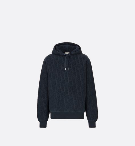 Oversized Hooded Sweatshirt with Dior Oblique Motif Navy Blue Terry Cotton Jacquard | DIOR Dior Hoodie, Men Dior, Dior Oblique, Christian Dior Couture, Dior Couture, Oversized Silhouette, Cotton Logo, Look Casual, Luxury Outfits