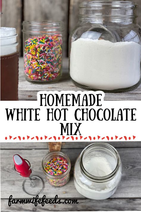 Diy White Hot Chocolate Powder, Diy Drink Mixes Powder, White Hot Chocolate Mix Recipe, Hot Chocolate Mix Recipes Dry, Homemade Hot Coco, Homemade White Hot Chocolate, Diy Hot Chocolate Mix, Vanilla Hot Chocolate, White Hot Chocolate Recipe