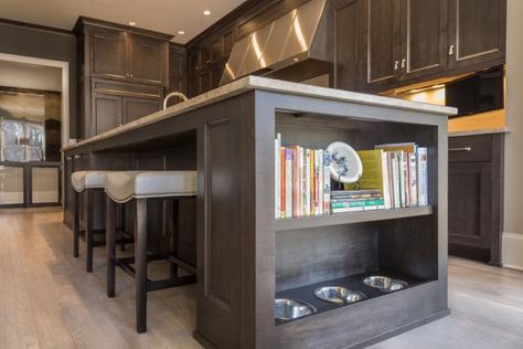 Multipurpose Kitchen Island, Cookbook Storage, Dog Feeding Station, Unique Kitchen Design, Diy Kitchen Island, Dog Rooms, Transitional Kitchen, Diy Dog, Unique Kitchen