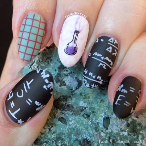 Science and Technology inspired nailart featuring blackboard (chalkboard) nail art with equations, graphing paper, and a chemistry beaker overflowing with purple liquid and smoke. School Nail Art, Chalkboard Nails, Scientist Party, Stamp Template, Patrick Nagel, Matte Nail Art, Orange Nail Designs, Nail Stamp, Back To School Nails