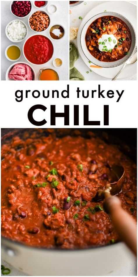 Healthy Turkey Chili Recipe filled with fiber-rich beans and lean ground turkey! Comforting, filling, and wildly flavorful, this protein powerhouse is so easy to make on the stovetop or slow cooker. Ground Turkey Chili Crockpot, Healthy Turkey Chili, Turkey Chili Recipe, Ground Turkey Recipe, Homemade Turkey Chili, Ground Turkey Chili Recipe, Steak Chili Recipe, Turkey Chili Recipe Crockpot, Turkey Chilli