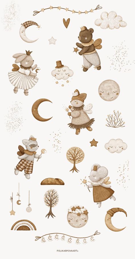 Collection "Magic nursery" - baby illustrations, prints and patterns by polikarpovaart Baby Pattern Illustration, Magic Nursery, Magic Illustration, Nursery Illustration, Baby Print Art, Business Branding Inspiration, Nursery Patterns, Moon Clouds, Theme Nature