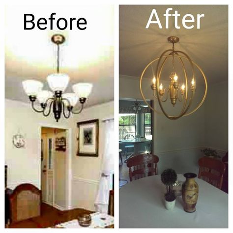 Hula Hoop Chandelier!  Instructions: Take down your old ugly chandelier and remove globes, wipe off really good.  Spray paint color of your choice.  Replace light bulbs with candle shaped bulbs. Get three small hula hoops, spray paint and let dry really really good. Use jewelry wire and clamps to attach them to the chandelier chain.  Arrange hoops so that they are evenly distributed around your light.  Boom!  Brand new chandelier. Hula Hoop Lights Chandeliers, Rental Chandelier Makeover, Upgrade Chandelier Diy, Chandelier Globes Replacement, Chandelier Diy Makeover, Chandelier Makeover Before And After, Revamped Chandelier, Hoop Chandelier Diy, Old Chandelier Makeover