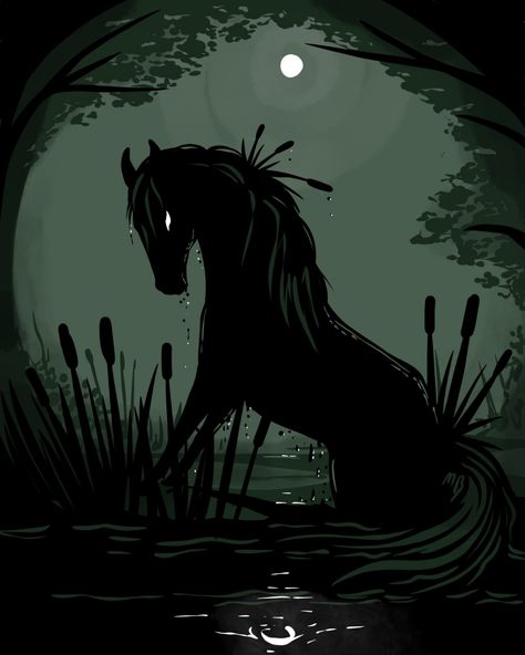 all things bright / #kelpies Mystical Creatures Mythology Animals, Kelpie Horse Art, Kelpie Horse Mythological Creatures, Kelpies Mythology, Kelpie Illustration, Kelpie Aesthetic, Artes Aesthetic, Kelpie Art, Kelpie Horse