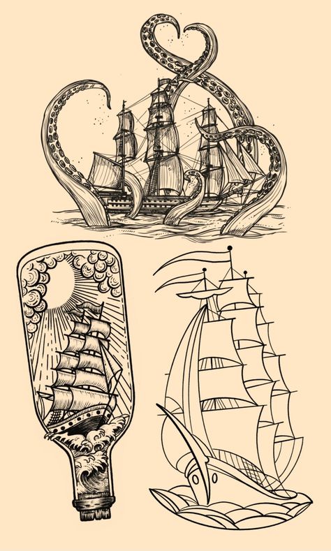 Pirate Tattoos Aesthetic, Octopus Boat Tattoo, Captain Hook Ship Tattoo, Full Rigged Ship Tattoo, American Traditional Pirate Ship, Tattoo Ideas Pirate, Nautical Shoulder Tattoo, Anne Lister Tattoo, Traditional Ship Tattoo Flash