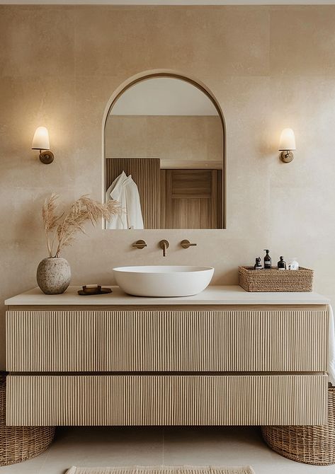 Half Bath Remodel Modern, Organic Modern Restroom, Desert Modern Bathroom, California Modern Bathroom, Spa Bathroom Ideas Decor, Cozy Modern Bathroom, Modern Powder Bathroom, Tulum Decor Inspiration, Bathroom Rattan