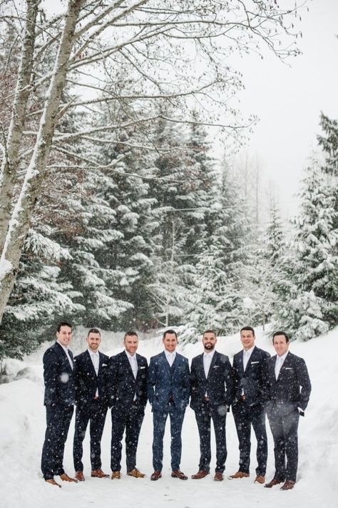 Groomsmen in the snow Winter Groom And Groomsmen Attire, Groomsmen Winter Wedding, Winter Wedding Groomsmen Attire, Groomsman Attire Winter Wedding, Winter Wedding Party Photos, Winter Groom, Winter Wonderland Wedding Groomsmen Groom Attire, Winter Groomsmen Attire, Winter Wedding Groomsmen