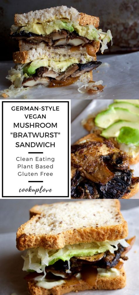 This German Style Vegan Mushroom 'Bratwurst' Sandwich is loaded with mushrooms, caramelized onions, sauerkraut and/or kimchi, avocado, dijon mustard and mayo! It's plant based, clean eating, gluten free and dairy free! Bratwurst Sandwich, Veggie Lunches, Conscious Eating, Cooking Vegan, Vegan Sandwiches, Vegan Ideas, Plant Based Vegan, Vegan Mushroom, Veggie Tales