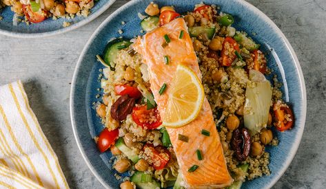 Veggie-Packed Quinoa Salad with Roasted Salmon Salmon Dishes Aesthetic, Salmon With Quinoa Salad, Salmon Quinoa Bowl Healthy, Salmon And Veggie Recipes, Quinoa Recipes With Salmon, Quinoa Salmon Salad, Quinoa Salad With Salmon, Salmon With Quinoa Recipe, Quinoa And Salmon Recipes