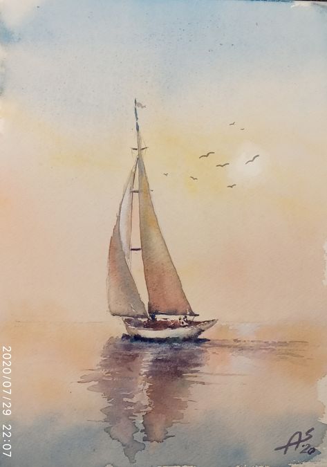 Beginners Canvas Painting, Sailboat Drawing, Watercolor Boat, Canvas Painting For Beginners, Boat Drawing, Sailing Art, Watercolor Art Landscape, Watercolor Paintings Nature, Painting Ideas For Beginners