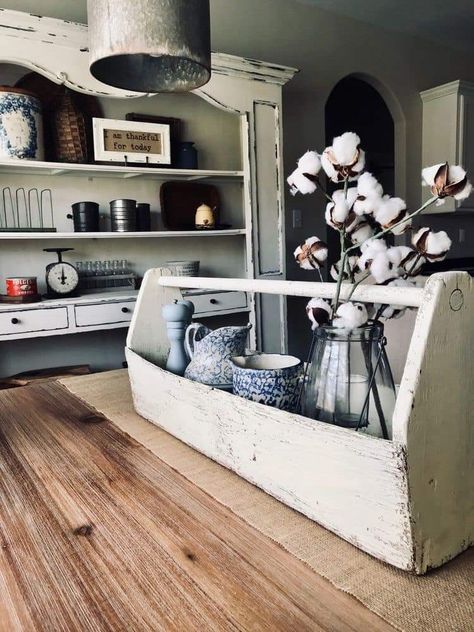 Old Wood Toolbox Repurposed, Wooden Toolbox Centerpiece, Antique Tool Caddy Decor Ideas, Old Wood Box Ideas Decor, Vintage Wooden Tool Box Decor, Old Wood Tool Box Decor, Wood Tool Box Planter, Decorating With Old Wooden Tool Boxes, Wooden Tool Box Decor Table Centerpieces