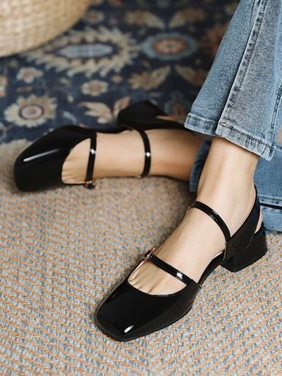 Black patent low square heel shoes Closed Toe Block Heels, Kasut Wanita, Zapatos Mary Jane, Slingback Flats, Slingback Shoes, Elegant Shoes, Aesthetic Shoes, Mary Jane Pumps, Casual Loafers