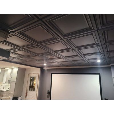 Speakeasy Ceiling Ideas, Decorative Drop Ceiling, Drop Ceiling Alternatives Basement, Black Coffered Ceiling, Gothic Home Ideas, Peel And Stick Ceiling Tiles, Black Drop Ceiling Tiles, Basement Ceiling Tiles, Black Drop Ceiling