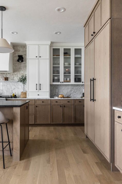 Trending now: Oak kitchens Kitchen White Oak Floors, White And White Oak Kitchen Cabinets, Wood Cabinets Kitchen Black Counter, White Oak Shaker Cabinets, Modern White Oak Kitchen, White Oak And White Kitchen, Birch Cabinets Kitchen, White Oak Cabinets Kitchen, Oak And White Kitchen