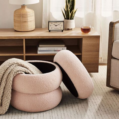 In love with this cute little corner 😍😍 That boucle ottoman is such a great find! It had quite a bit of storage, comes in three colors + could even work well in a dorm room. The fabric storage bins come in lots of colors too! Linking it all over in my LTK shop here. #girlsbedroom #biggirlroom #girlsroomdecor #storageottoman Modern Boho Bedroom Storage, Boho Living Room Cheap, Cute And Cozy Home Decor, College Dorm Ottoman, Blush Pink Apartment Decor, Living Room Designs Ottoman, Cool Bedroom Chairs, Apartment Safe Decor, Wavy Room Decor