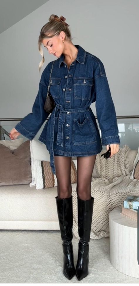 Cowboy Boot Chic Outfit, Denim Dress Black Tights, High Boot Heels Outfit, Knee High Boots With Dress Outfit, Powder Blue Skirt Outfit, Denim Skirt And Stockings Outfit, Farmhouse Chic Outfit, Long Sleeve Jean Dress Outfit, South Carolina Winter Outfits