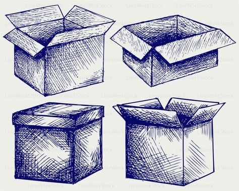 Moving Boxes Drawing, Cardboard Box Tattoo, Cardboard Box Illustration, Box Drawing Reference, Cardboard Box Drawing, Box Drawing Art, Box Drawing Ideas, Boxes Drawing, Drawing Boxes