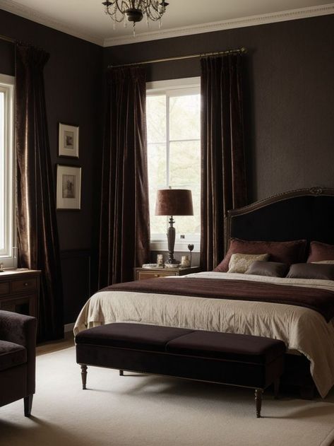 Vintage Dark Bedroom, Moody Master, Velvet Curtains Bedroom, Dark Bedroom Ideas, Dark Brown Bedrooms, Academia Bedroom, Cabin Rustic, Brown Rooms, Moody Bedroom