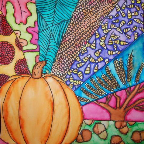 Margaret Storer-Roche     Here is another attempt at using my Pinterest ideas...the above sample inspired a fun fall sharpie and "wat... Thanksgiving Art Projects, Halloween Art Projects, October Art, Fall Art Projects, 6th Grade Art, Thanksgiving Art, 4th Grade Art, 5th Grade Art, Classroom Art Projects