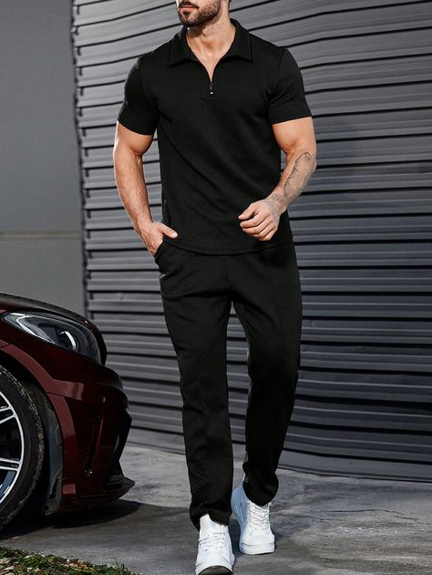 Black Casual Collar   Plain  Embellished Slight Stretch  Men Clothing Black Polo Shirt Outfit Men, Black Trousers Outfit Man, Mens Black Outfit, Black Polo Outfit Men, Black Polo Outfit, Black Trousers Outfit, Trousers Outfit Men, Polo Outfit Men, Polo Shirt Outfit Men