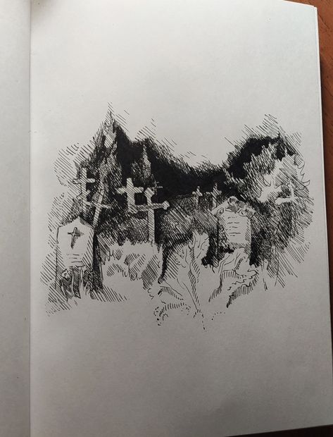 Croquis, Standing Over Grave Drawing, Sketch Decoration Ideas, Small Cemetery Tattoo, Graveyard Drawing Reference, Cemetery Ink Drawing, Scary Landscape Drawing, Cemetery Sketch Drawings, Drawing Gothic Art