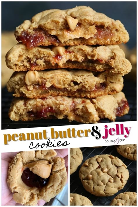 Thick Peanut Butter Cookies, Peanut Butter And Jelly Cookies, Cookies Stuffed, Flourless Peanut Butter Cookies, Jelly Cookies, Best Peanut Butter Cookies, Cookie Sandwich, Stuffed Cookies, Big Cookie