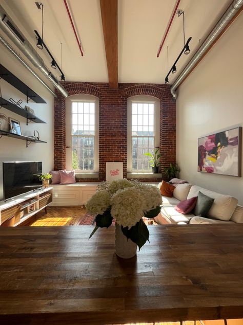 Brick Walls Apartment, Chicago Condo Interior Design, Nyc Brick Apartment Aesthetic, Nyc Apartment Brick, Exposed Brick Aesthetic, Exposed Brick Apartment Aesthetic, Brick Wall Apartment Aesthetic, Nyc Brick Apartment, Brick Apartment Aesthetic