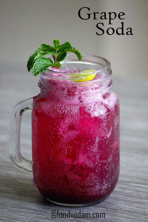 Grape Soda Recipe with step by step instructions.The hot weather in summer makes us lose appetite.we usually like to have fluids rather than heavy solid foods.This grape soda is extremely super good refreshing summer drink.we can prepare it at once and store in the refrigerator and use when required.for this you need.. Homemade Grape Juice, Grape Juice Recipe, Healthy Summer Drinks, Iced Drinks Recipes, Grape Recipes, Homemade Soda, Drink Recipes Nonalcoholic, Soda Recipe, Homemade Syrup