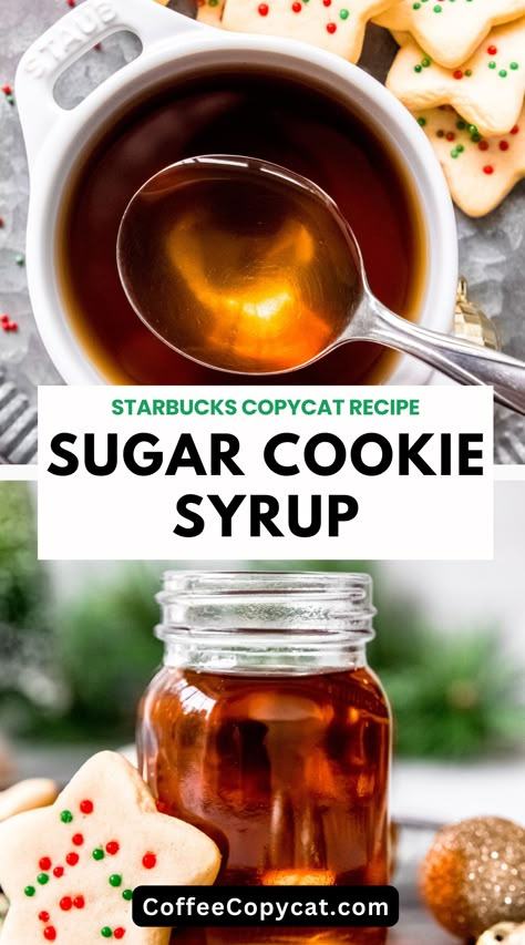 Starbucks Food Copycat Recipes, Homemade Sugar Cookie Syrup, Sugar Cookie Simple Syrup, Copycat Starbucks Syrups, Homemade Copycat Recipes, Sugar Cookie Icing Recipe No Corn Syrup, Cookie Dough Syrup Recipe, Sugar Cookie Syrup Recipe, Sugar Cookie Creamer Recipe