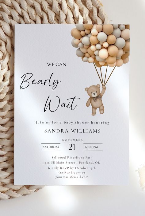 Cute 'We Can Bearly Wait' Teddy Bear Balloon Baby Shower Invitations for Your Special Day Teddy Bear Holding Balloons, Bear Holding Balloons, Teddy Bear Balloon, Teddy Bear Baby Shower Theme, Holding Balloons, Teddy Bear Baby Shower Invitations, Bear Balloon, Bear Baby Shower Theme, Baby Shower Theme Decorations