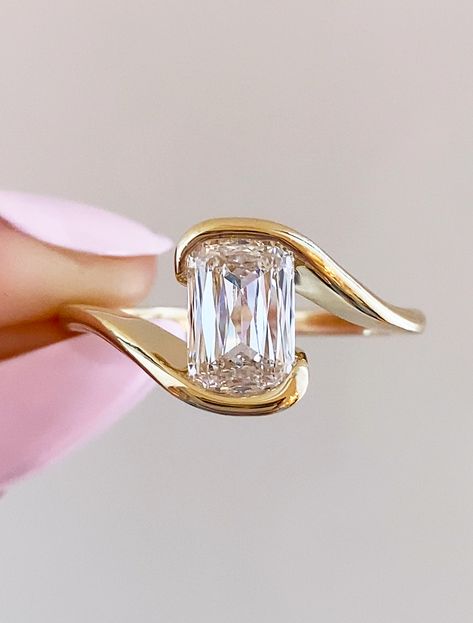 caption:Shown with 1.6ct crisscut cushion diamond Modern Gold Wedding Ring, Bypass Wedding Ring, Bypass Engagement Rings, Romani Engagement Ring, Salome Engagement Ring, Salome Ring, Organic Looking Engagement Rings, Trillion Side Stone Engagement Ring, Crisscut Engagement Ring