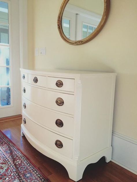 Drexel mahogany bow front dresser / chest painted white with federal / Hepplewhite drawer pulls Bedside Dressers, Refurbish Dresser, Bow Front Dresser Makeover, Hepplewhite Furniture, Small Dressers, Hepplewhite Dresser, Bow Front Dresser, Vintage White Dresser, Antique White Dresser