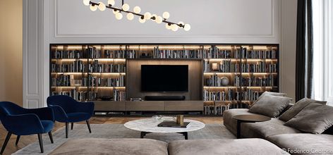 Bookcase Wall, Bookshelf Design, Trendy Living Rooms, Design Del Prodotto, Wall Systems, A Living Room, Book Shelf, Residential Interior, Living Room Interior