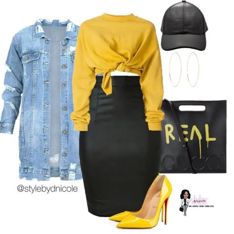 Yellow Outfit, Looks Style, Black Skirt, Outfits Casuales, Style Outfits, Look Fashion, Classy Outfits, Autumn Winter Fashion, Jean Jacket