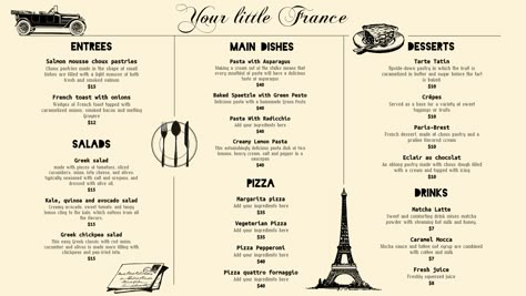 Vintage tri-fold French menu template design. French Food Menu Design, Paris Menu Design, French Menu Design, Fruit Pastry Recipes, Wine Menu Design, French Restaurant Menu, French Cafe Menu, Christmas Menu Design, Template Undangan