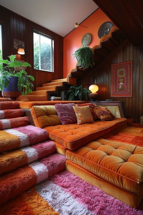 Stepping into the time machine and bringing the groovy 70s vibe into today's home!✨ Love shag carpets, vibrant hues, and funky textures? Stay tuned to infuse some retro magic into your living space. 🌈🏡💖 70s Home Interior, Funky Living Room Ideas, Living Room Designs India, 70s Living Room, 70s Interior Design, Funky Living Rooms, 70s House, 70s Interior, Retro Interior Design