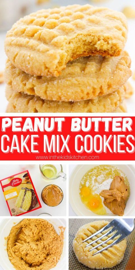 peanut butter cake mix cookies Pinterest collage image. Cake Mix Peanut Butter Cookies, Peanut Butter Cake Mix Cookies, Funfetti Cake Mix Recipes, Homemade Peanut Butter Cookies, Cake Box Cookies, Healthy Peanut Butter Cookies, Sugar Cookie Cakes, Easy Peanut Butter Cookies, Cake Mix Cookie Recipes