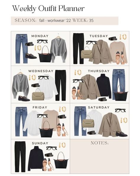 Week Of Work Outfits, A Week Of Outfits, Week Of Outfits, Minimalist Wardrobe Capsule, Capsule Wardrobe Casual, Capsule Wardrobe Women, Outfit Planner, Smart Casual Women, Casual Work Outfits Women