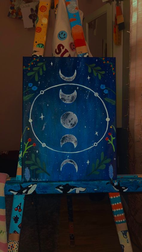 Painting art moon flowers Moon Phases Acrylic Painting, Moon Phases Painting Easy, Moon Phases Painting, Moon Phase Painting, Phases Of The Moon Art, Art Curriculum Elementary, Painting Of The Moon, Moon Things, Moon Stages