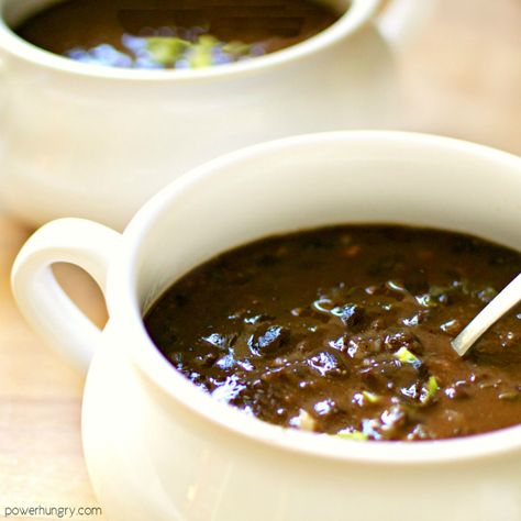 3-Ingredient Black Bean Pumpkin Soup {vegan, oil-free} Ww Soup, Vegan Pumpkin Soup, Soup Vegan, Vegan Sour Cream, Black Bean Soup, Vegan Beans, Healthy Benefits, Pumpkin Soup, White Bowls